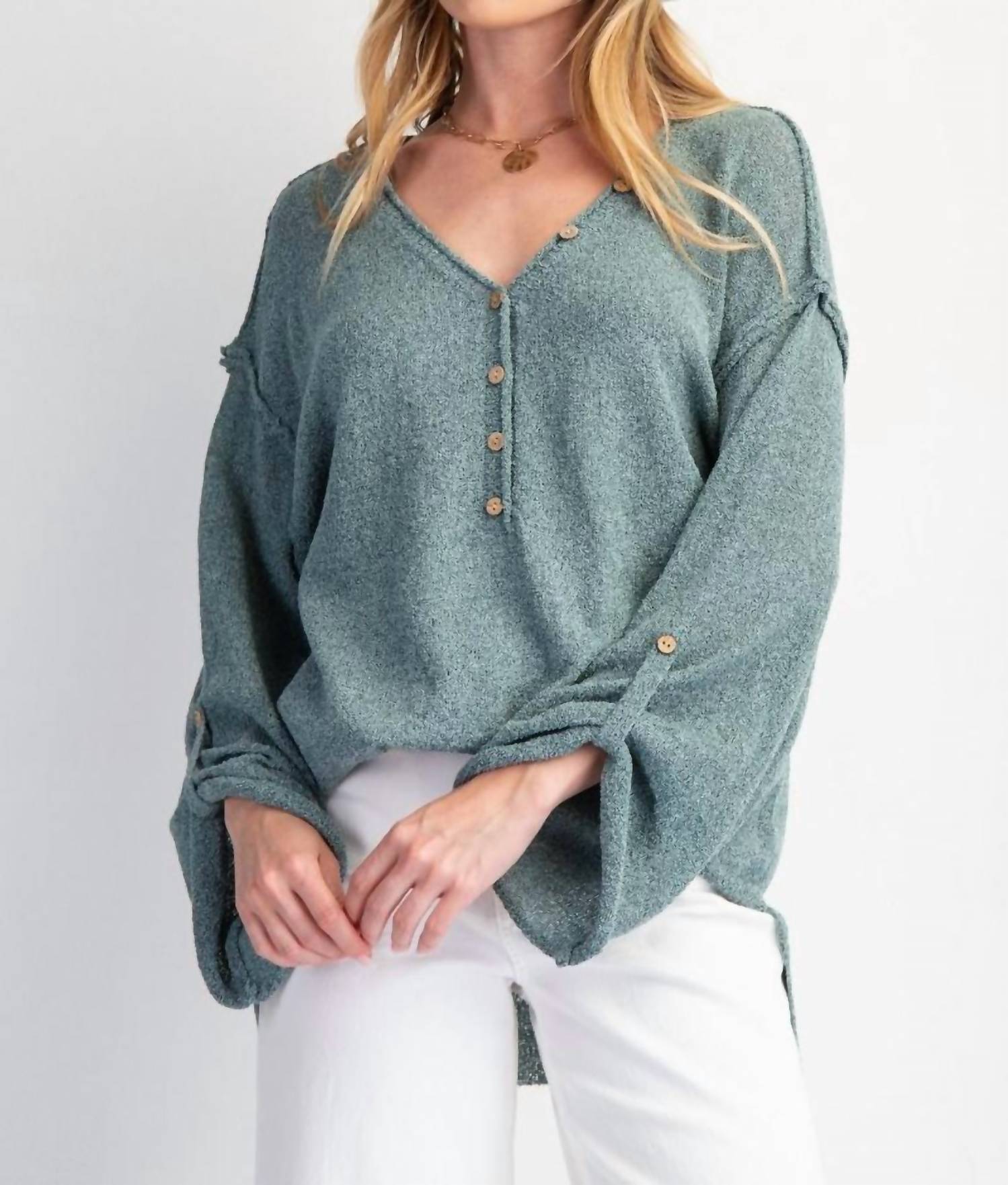 Easel - V-neckline Knit Button Detail Sweater
