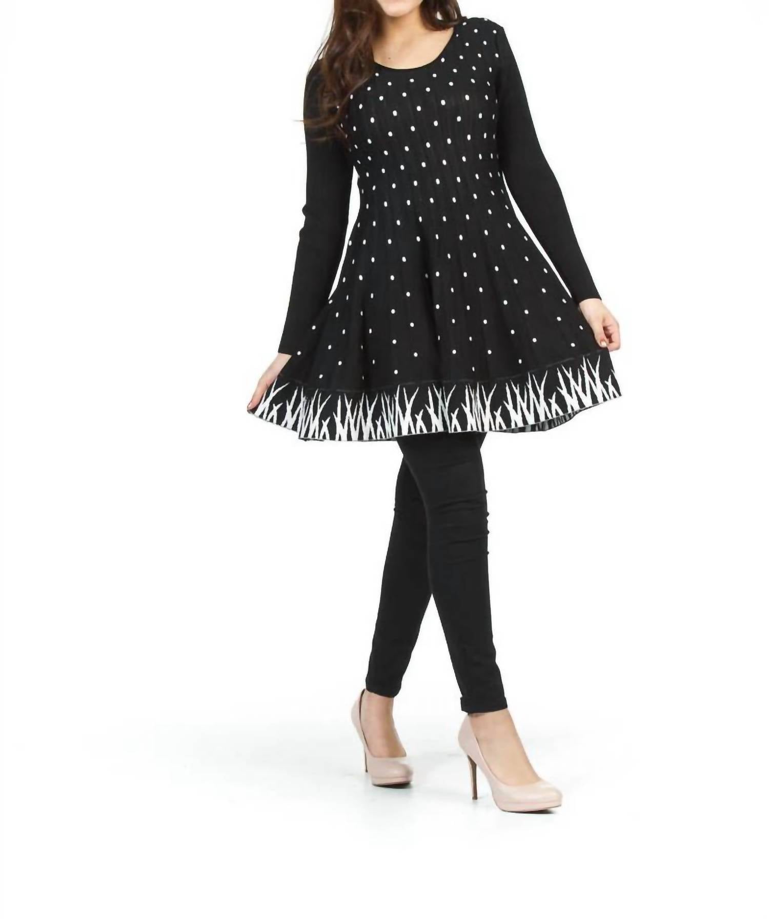 Papillon - Polka Dot Ribbed Flare Hem Sweater Dress