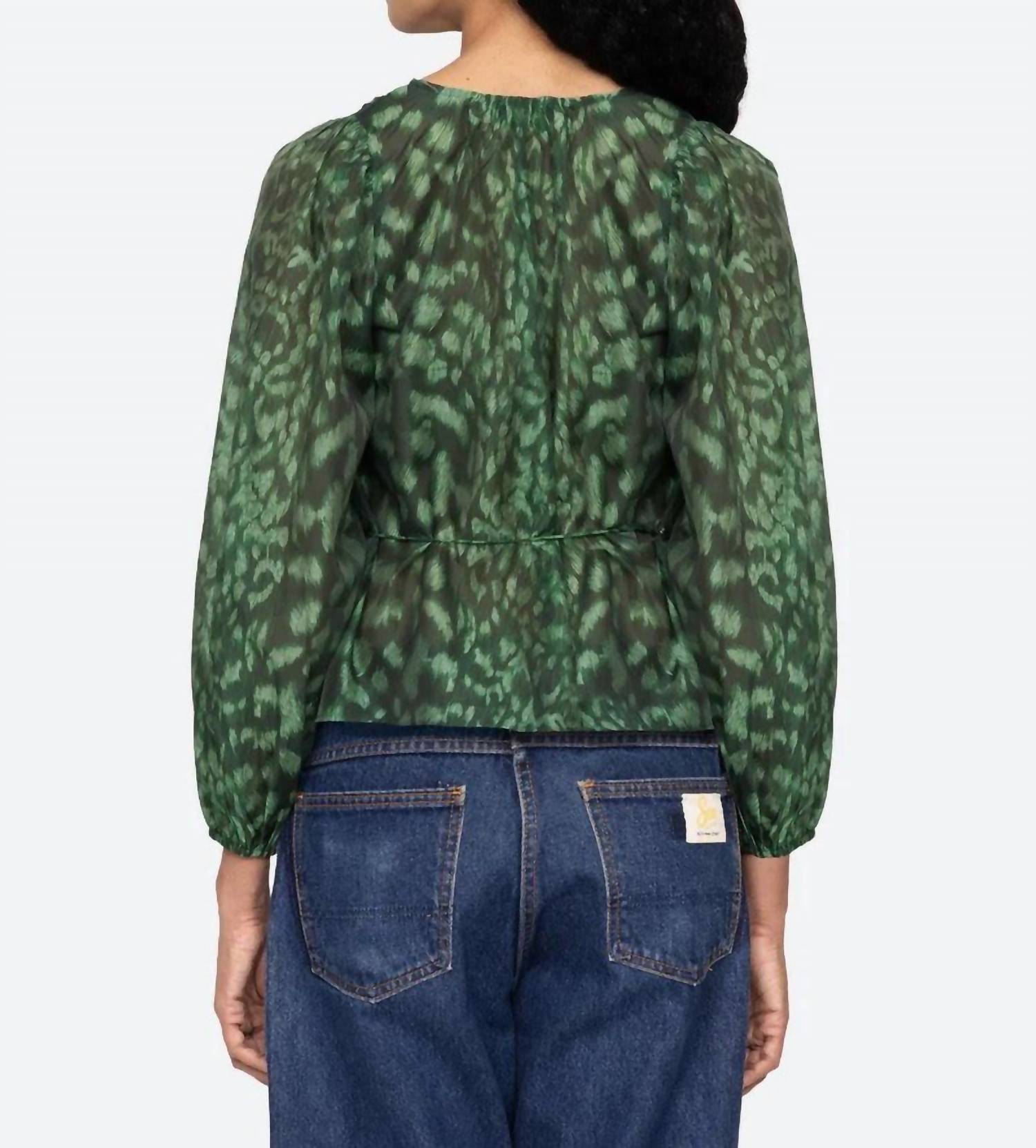 SEA Claude Leopard Print Top in green - women's blouse - detail view