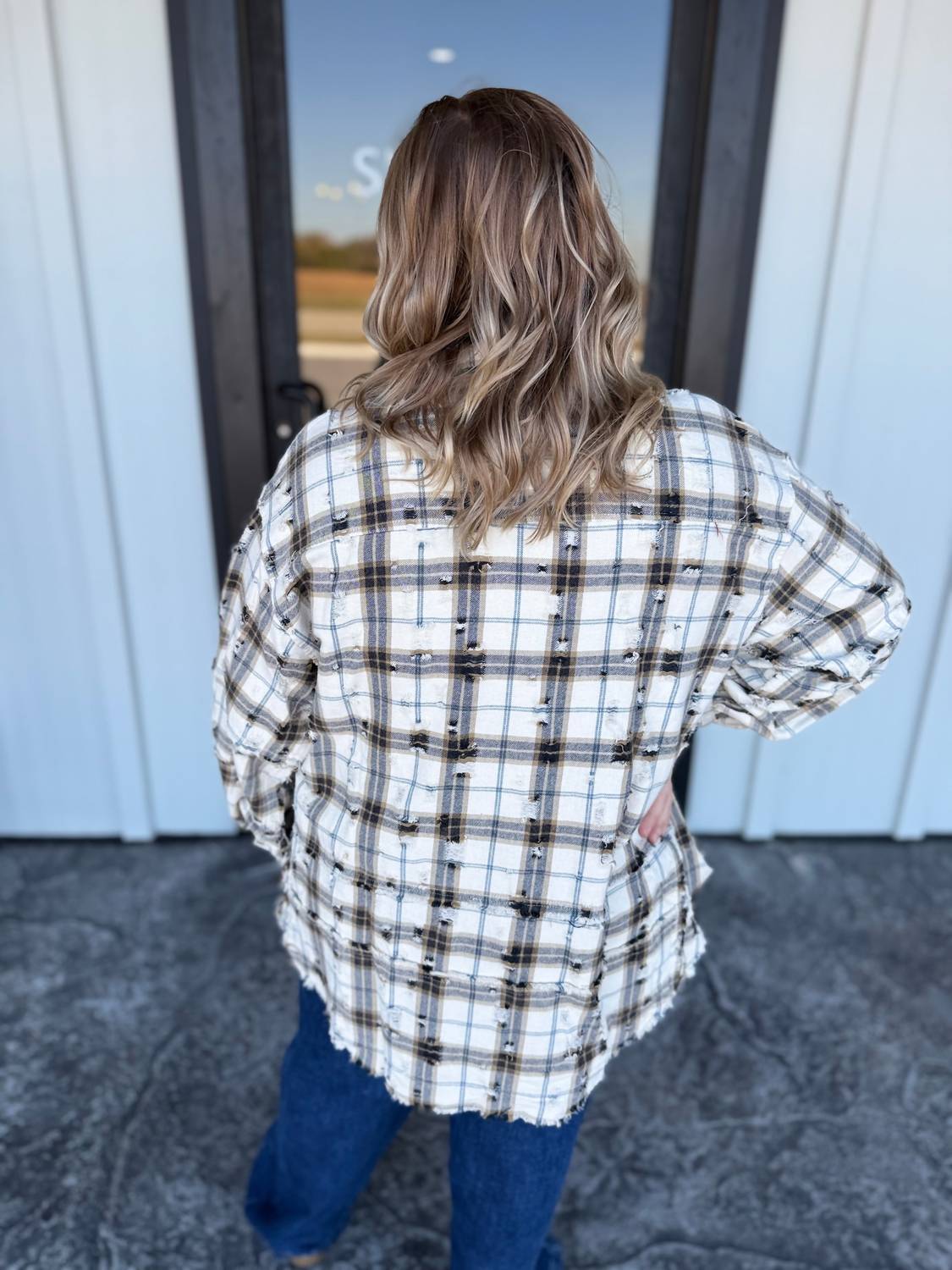 Easel Oversized Distressed Flannel Shirt in ecru - women's shirt - detail view
