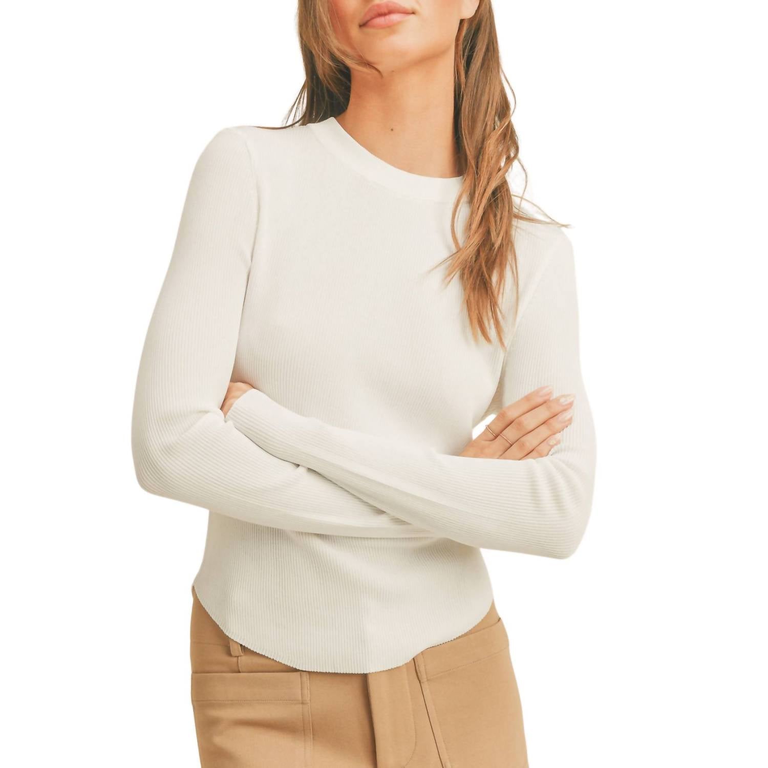 MIOU MUSE Ribbed Long Sleeve Basic Top in white - women's long sleeve top