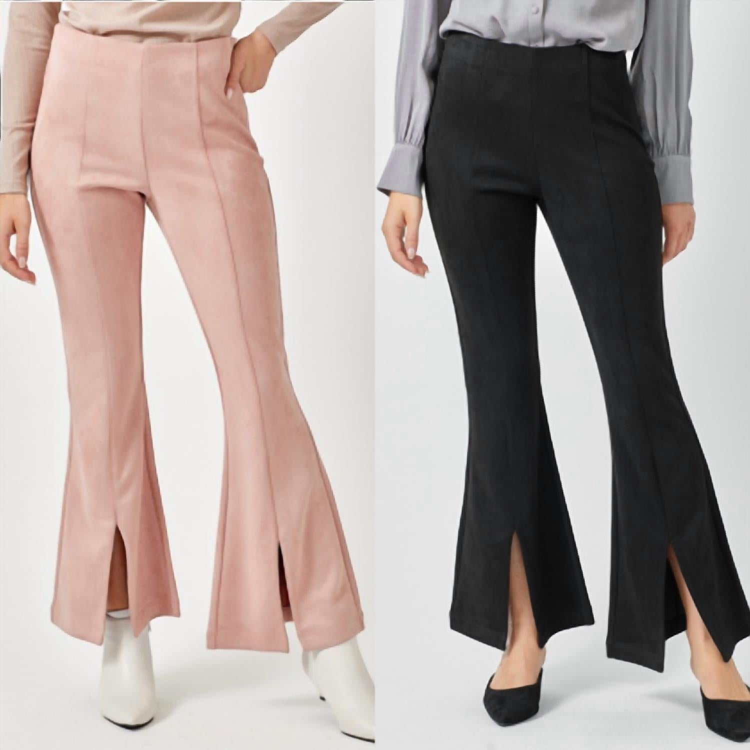 Mystree - Suede Flare Front Slit Pants