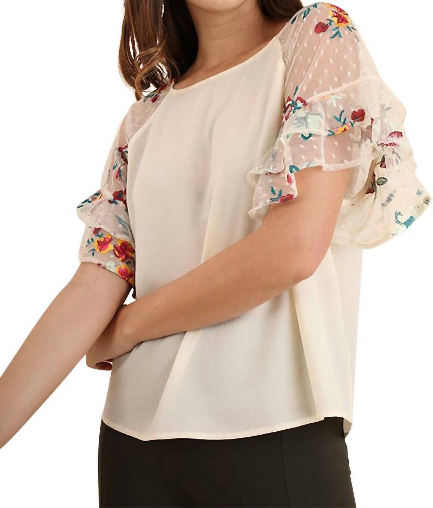 Umgee - Floral Embroidered Layered & Ruffled Sleeve Top