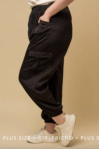 GILLI Drawstring Satin Cargo Joggers - Plus in black - women's pants - alternate view