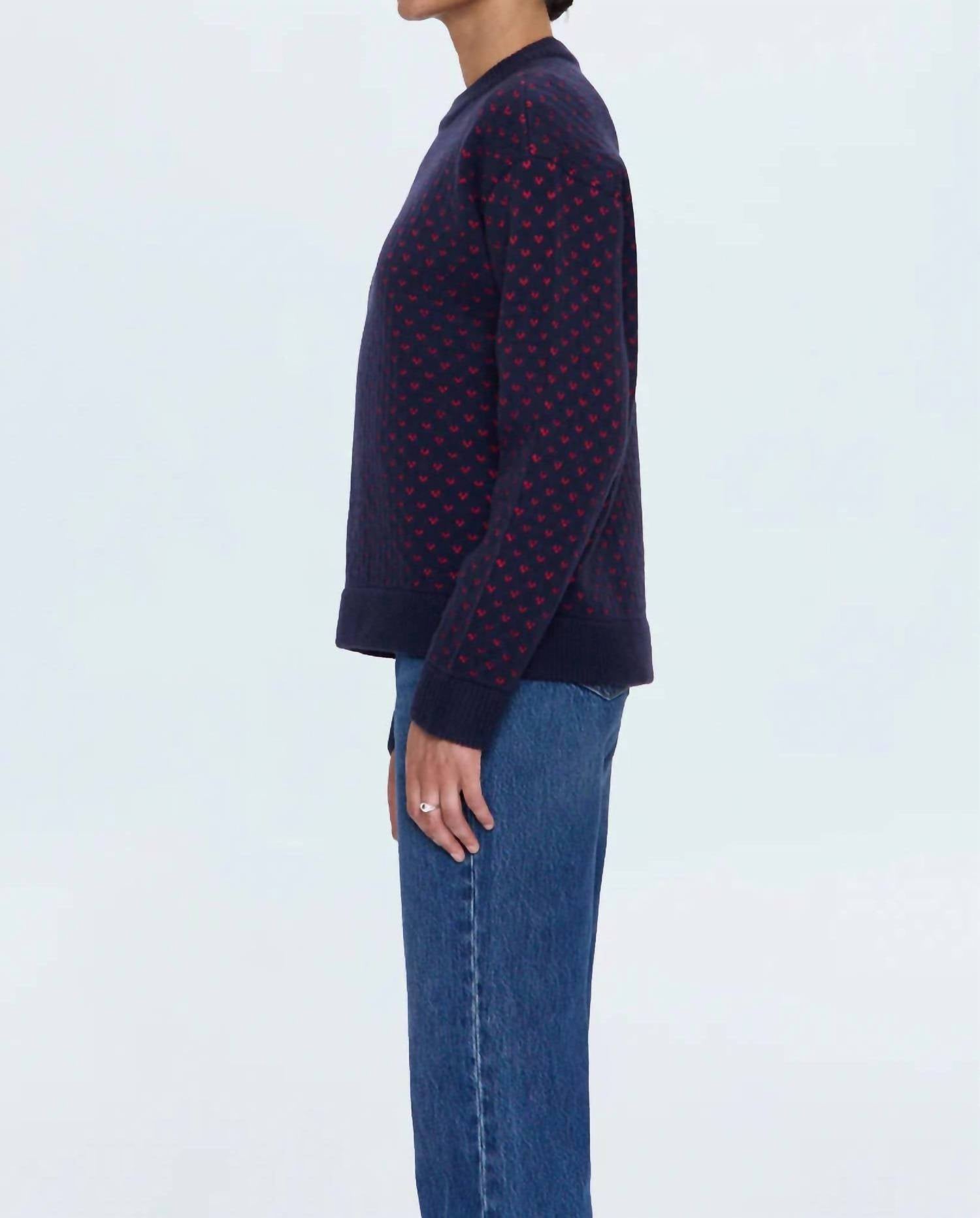 PISTOLA Hanna Crew Neck Oversized Sweater in navy red hearts - women's sweater - alternate view