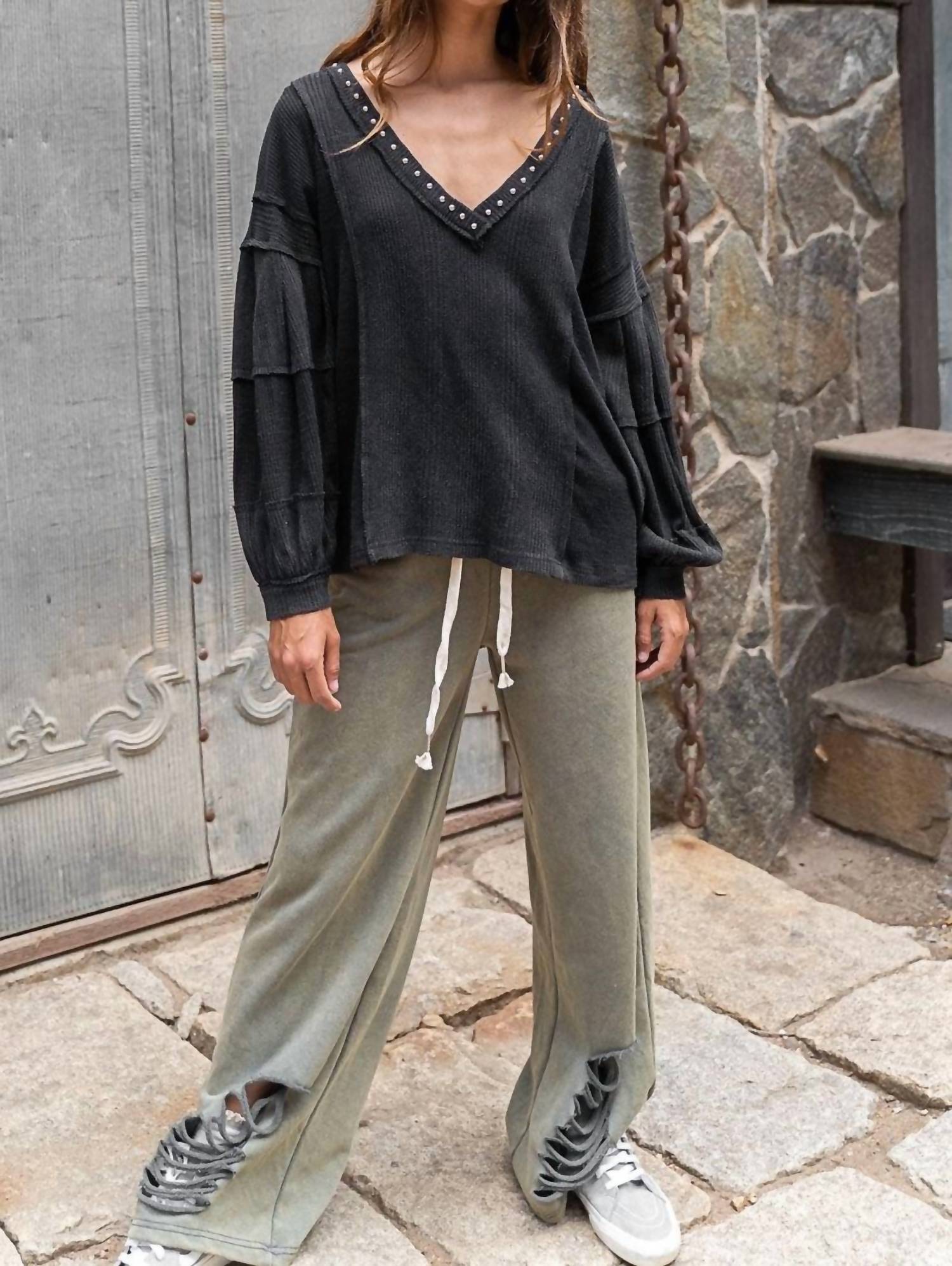 Pol - Stud Balloon Sleeve Top