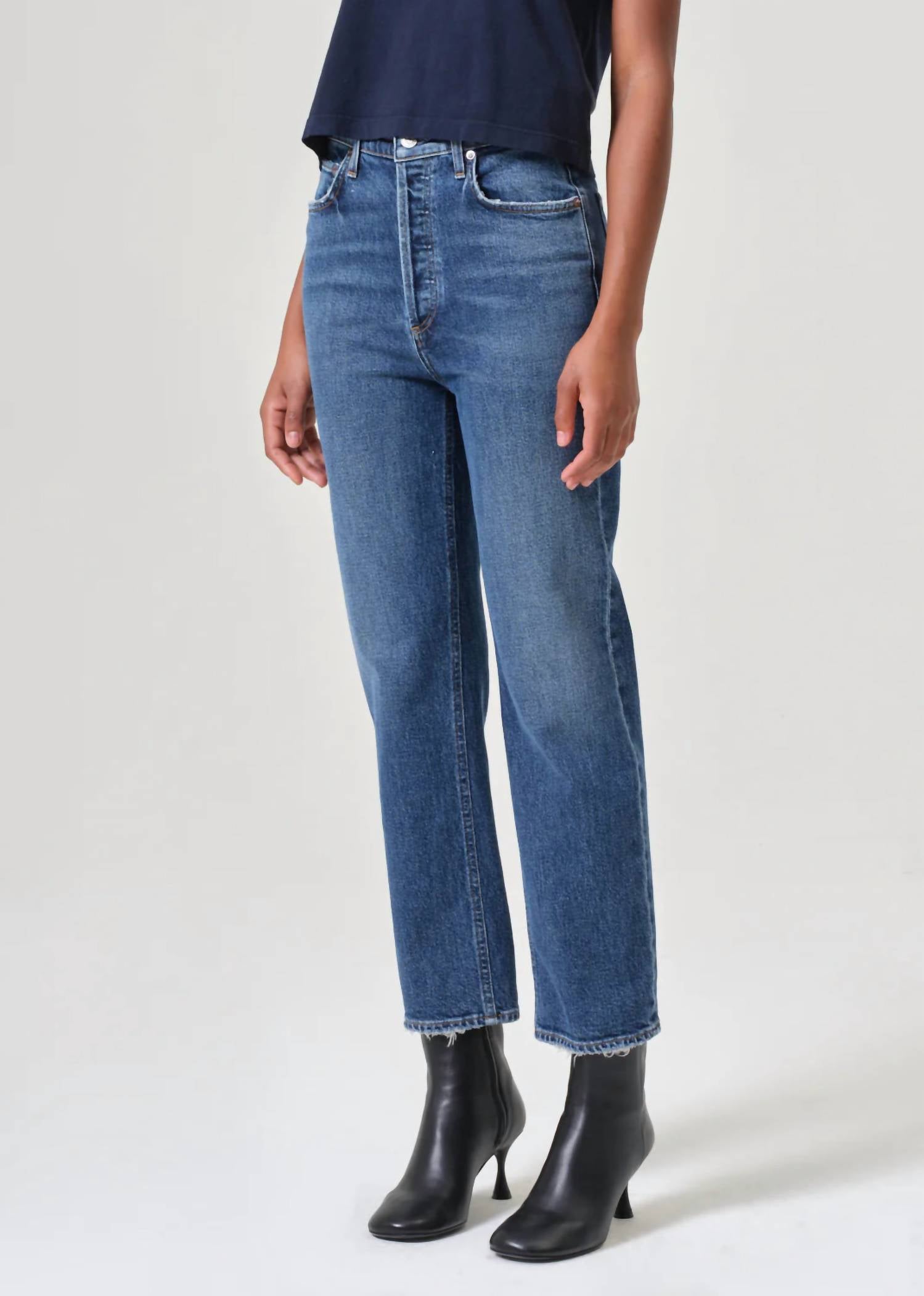 AGOLDE 90's Pinch Waist Crop Jeans in blue 1 - women's jeans - detail view