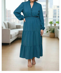 Haptics - Women's Solid Smocking Waist Tiered Midi Woven Dress