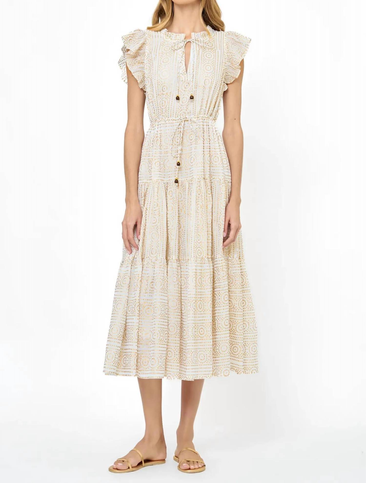 Oliphant Cinched Flirty Midi Dress in cream gold - women's dress
