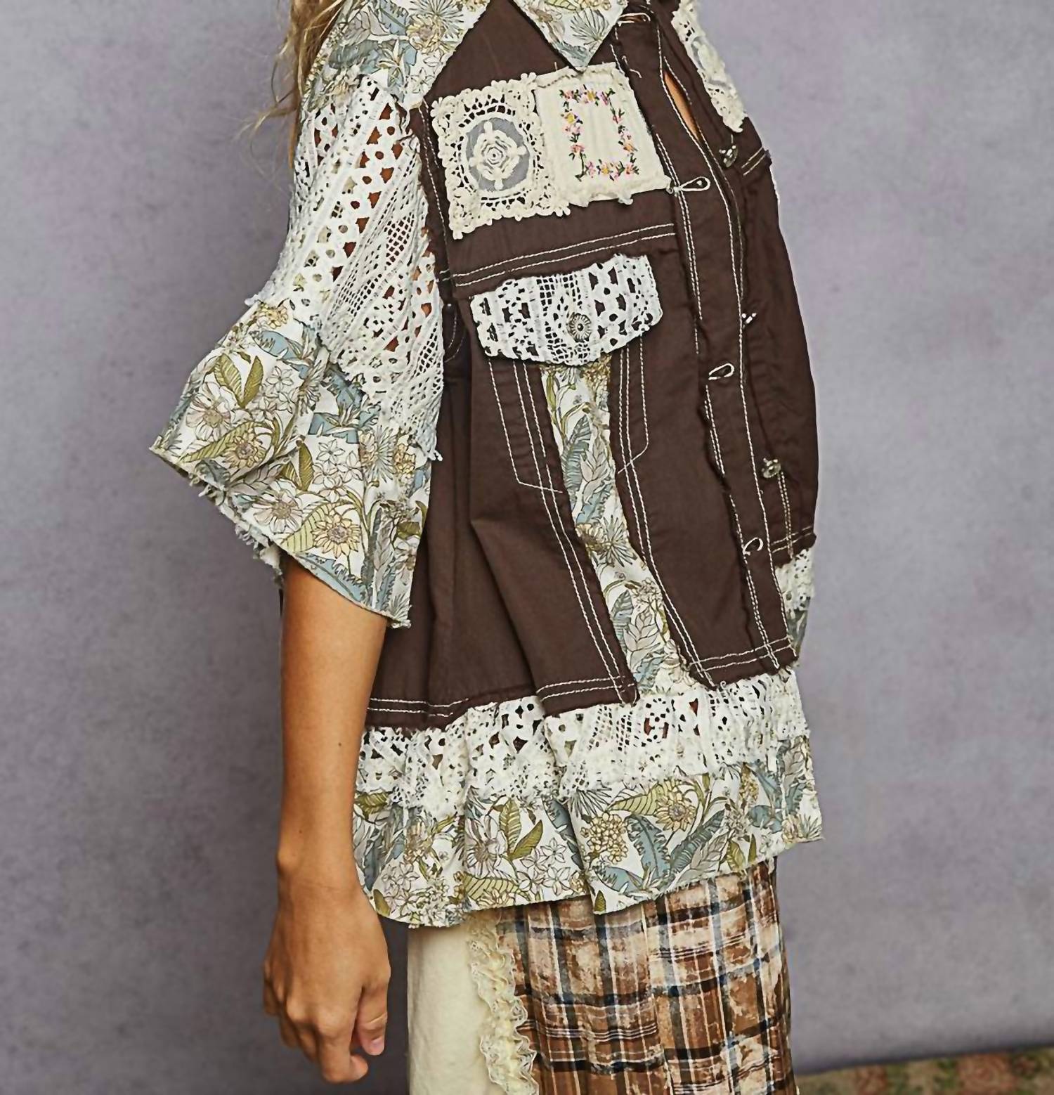 POL Lace And Patch Work Jacket in espresso - women's jacket - alternate view