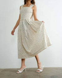 Creamon Margot Retro Bow Tie Back Smocked Midi Dress in beige - women's dress - view 5