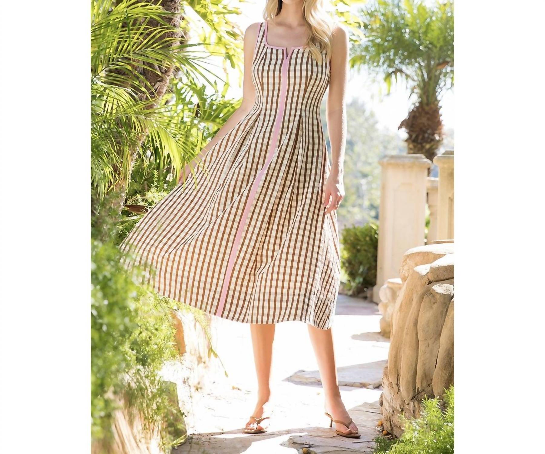 THML Gingham Midi Dress in brown pink - women's dress - view 7