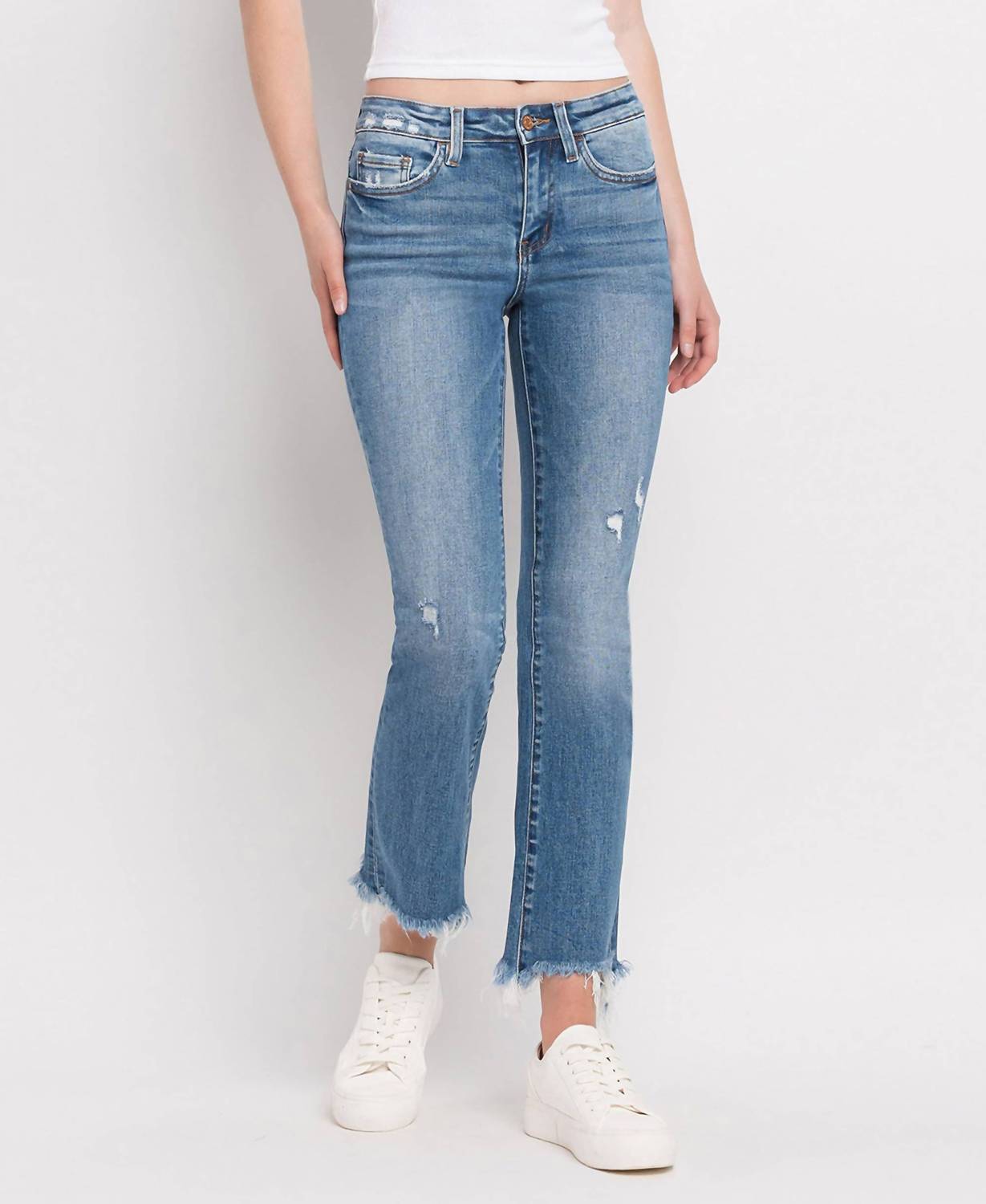 Flying Monkey - Mid Rise Distressed Hem Ankle Bootcut Jeans