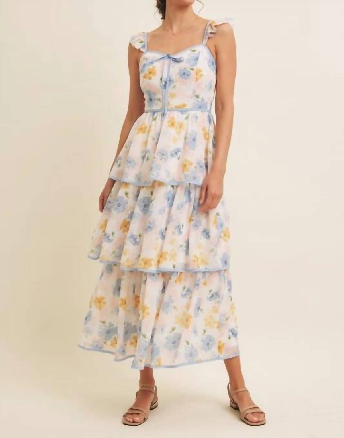 In February - Floral Midi Dress With Ruffled Straps