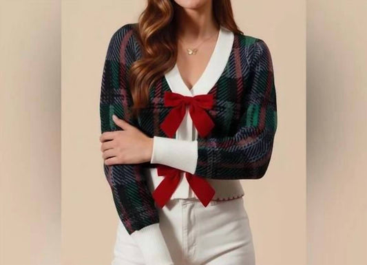 So Me - Velvet Bow Holiday Plaid Cardigan