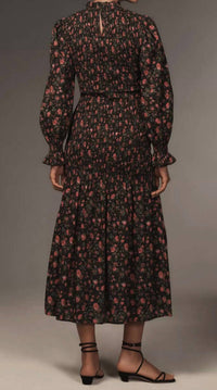 RHODE Women's Eliza Smocked Midi Dress in ink morlaix fleur - women's dress - detail view