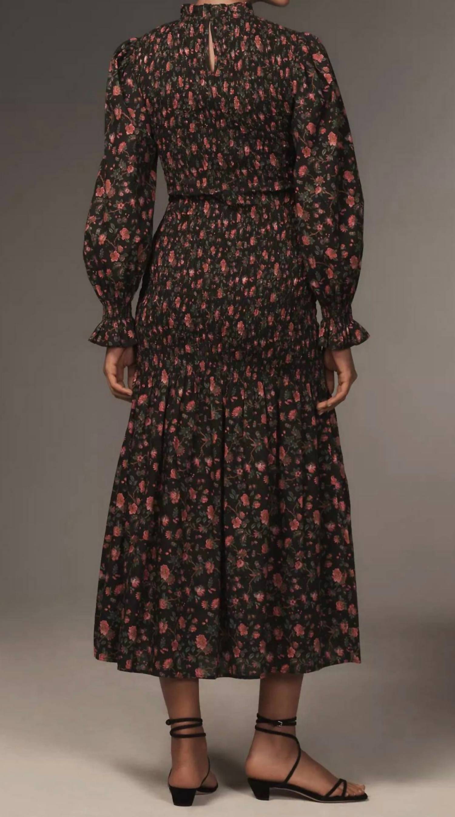RHODE Women's Eliza Smocked Midi Dress in ink morlaix fleur - women's dress - detail view