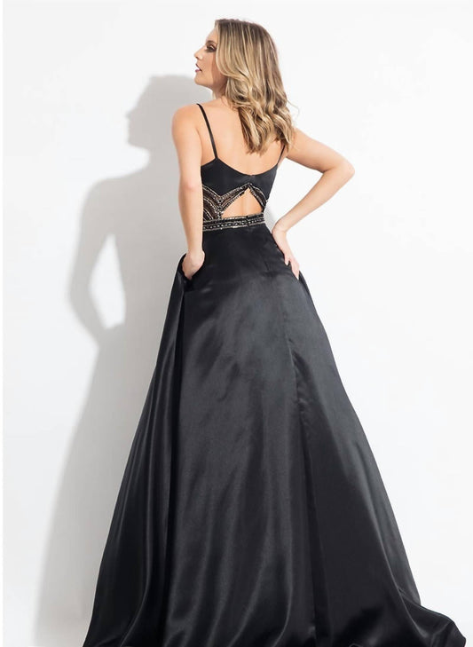 Rachel Allan - Matte Satin Beaded V-neck Prom Gown