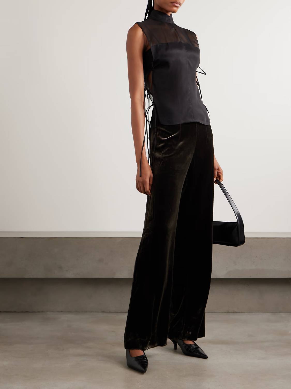Le Kasha San Polo Velvet Wide-leg Pants in olive - women's pants - detail view