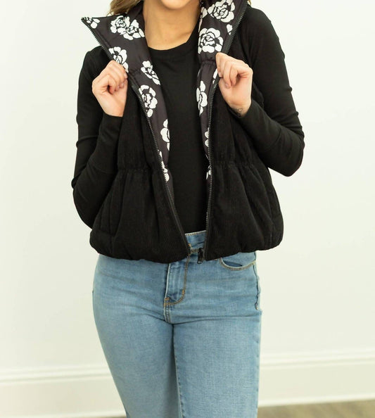 Southern Grace - Gillian Reversible Black And Floral Puffer Vest
