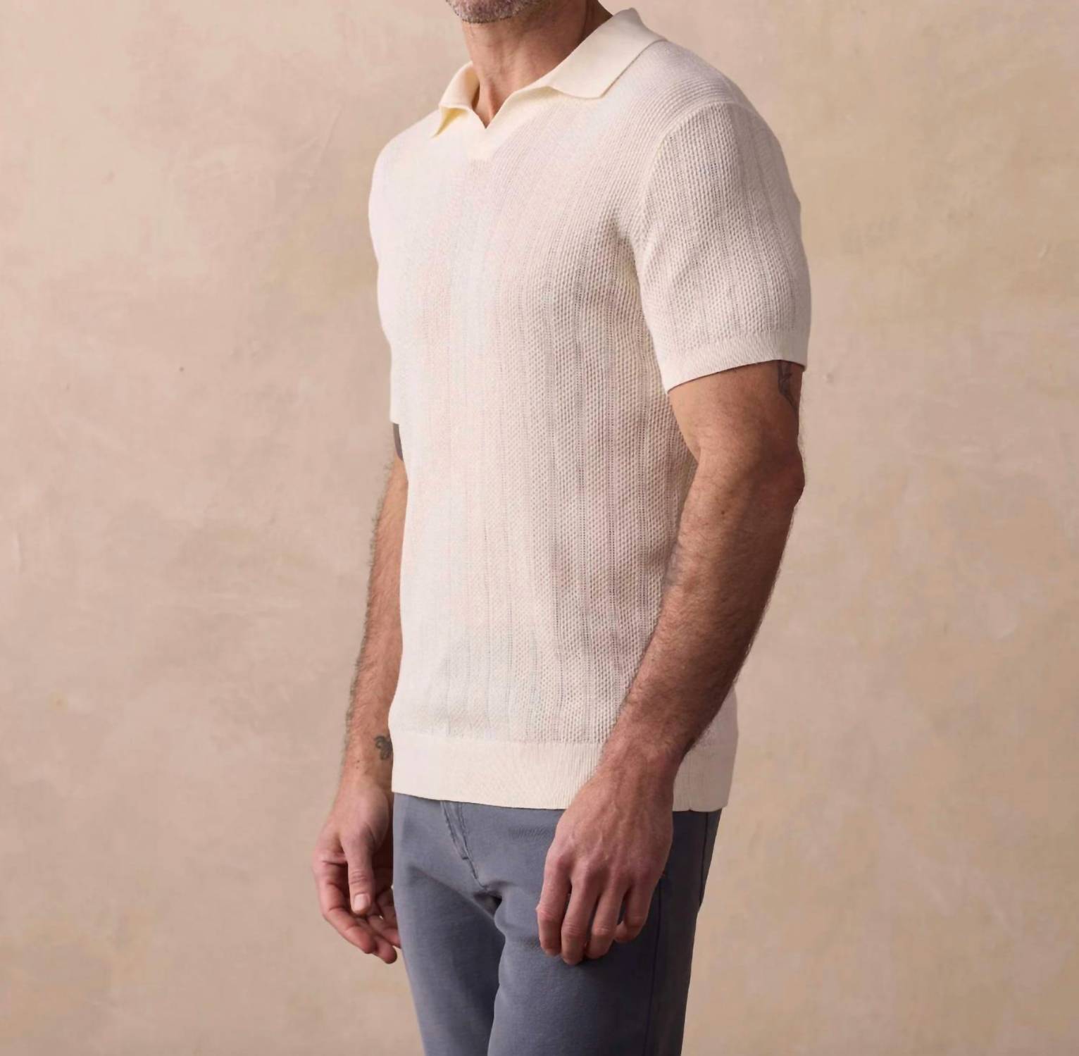 The Normal Brand Robles Textured Knit Polo Top in ivory - men's shirt - detail view