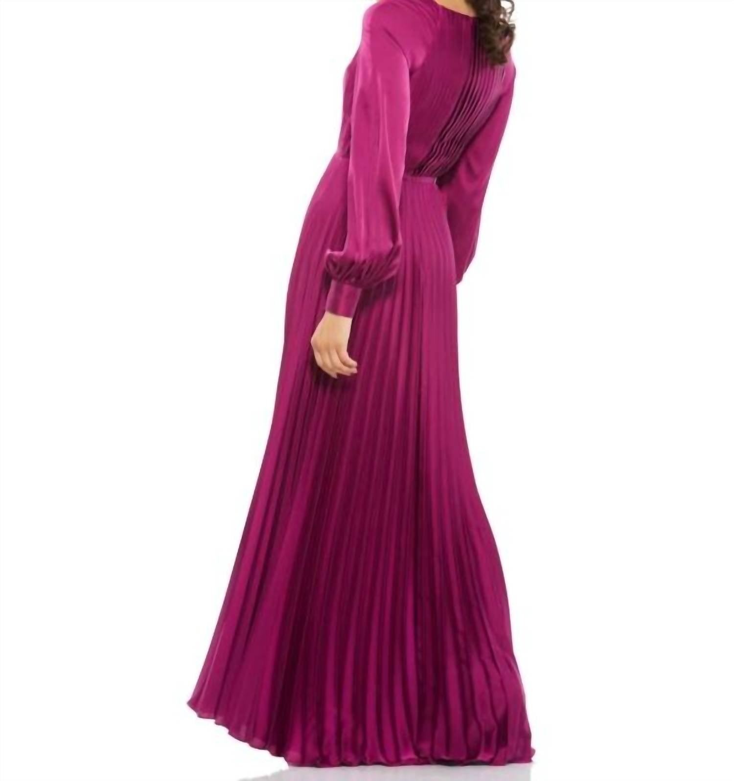 MAC DUGGAL Bishop Sleeves Pleated Dress in berry - women's dress - detail view
