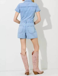 Polagram - Women's Washed Denim Short Sleeve Jumpsuit