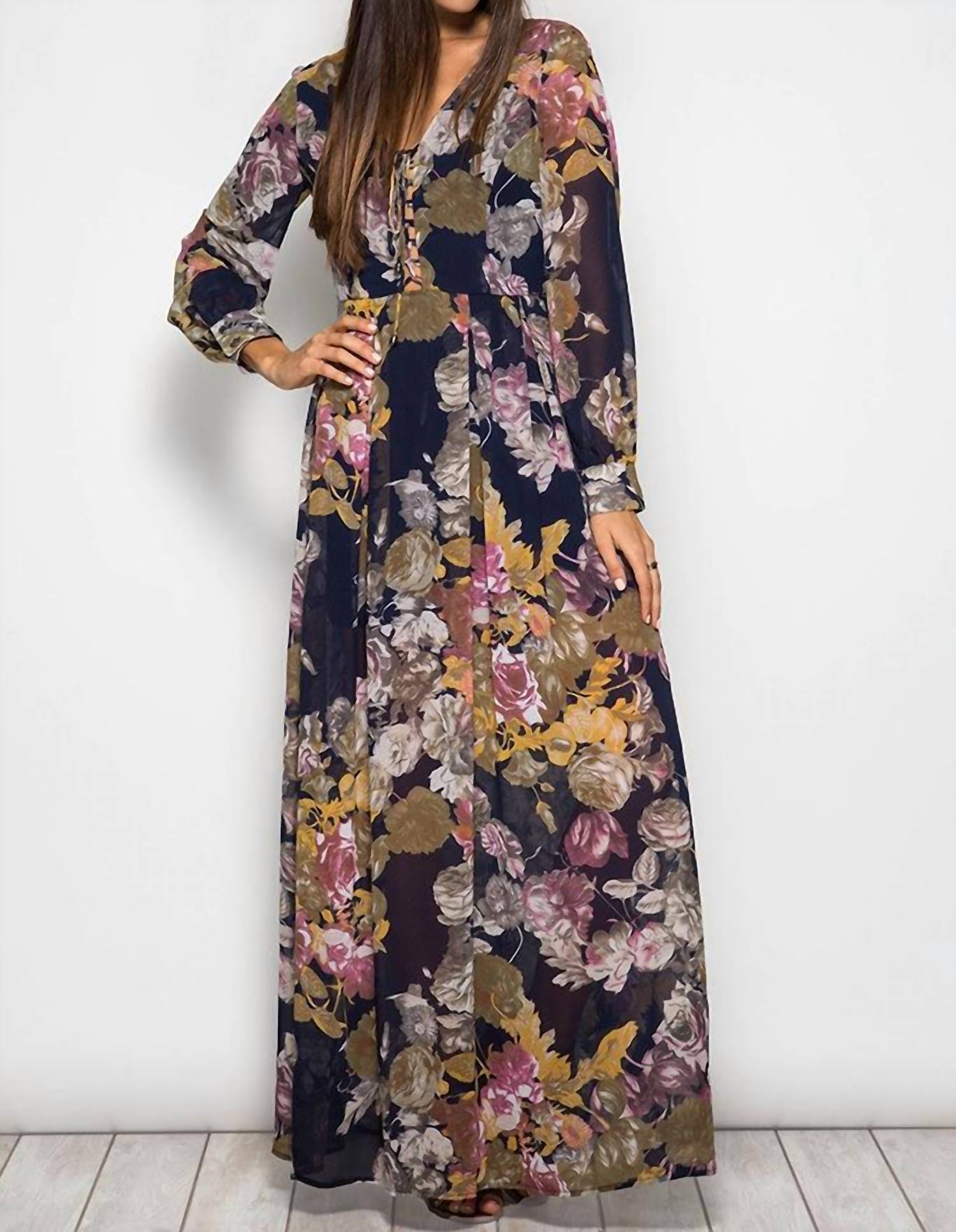 She + Sky - Long Sleeve Floral Maxi Dress