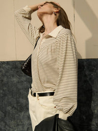 Nation LTD Cecilia Collared Top in espresso pinstripe - women's long sleeve top - view 7