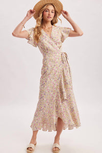 Bluivy - Floral Print Ruffled Hem Wrap Maxi Dress