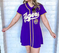 QUEEN OF SPARKLES Licensed Lsu Tiger Baseball Jersey Dress in purple - women's dress