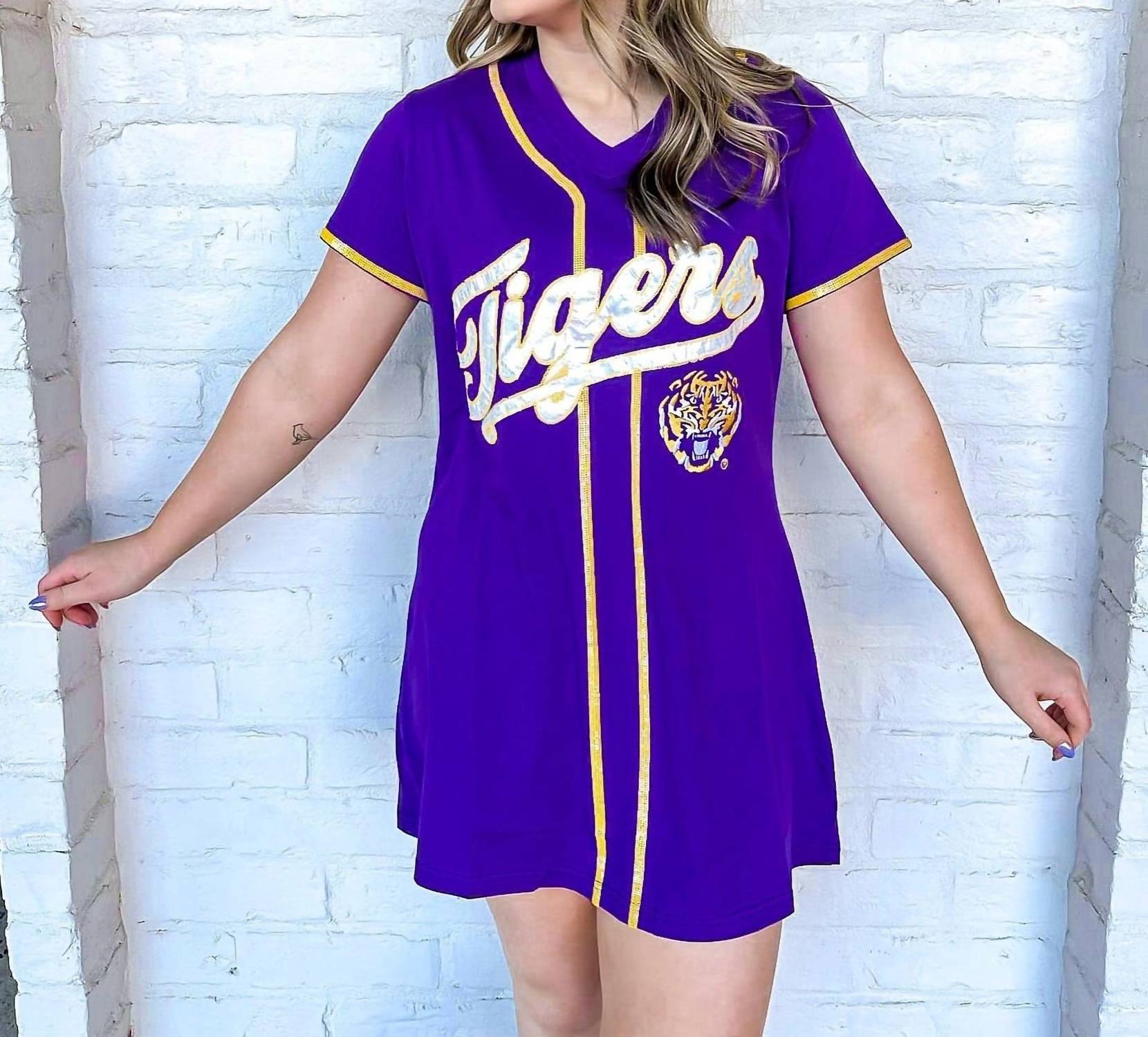 QUEEN OF SPARKLES Licensed Lsu Tiger Baseball Jersey Dress in purple - women's dress