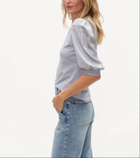 SIX/FIFTY Solara Mixed Media Satin Top in denim - women's blouse - alternate view