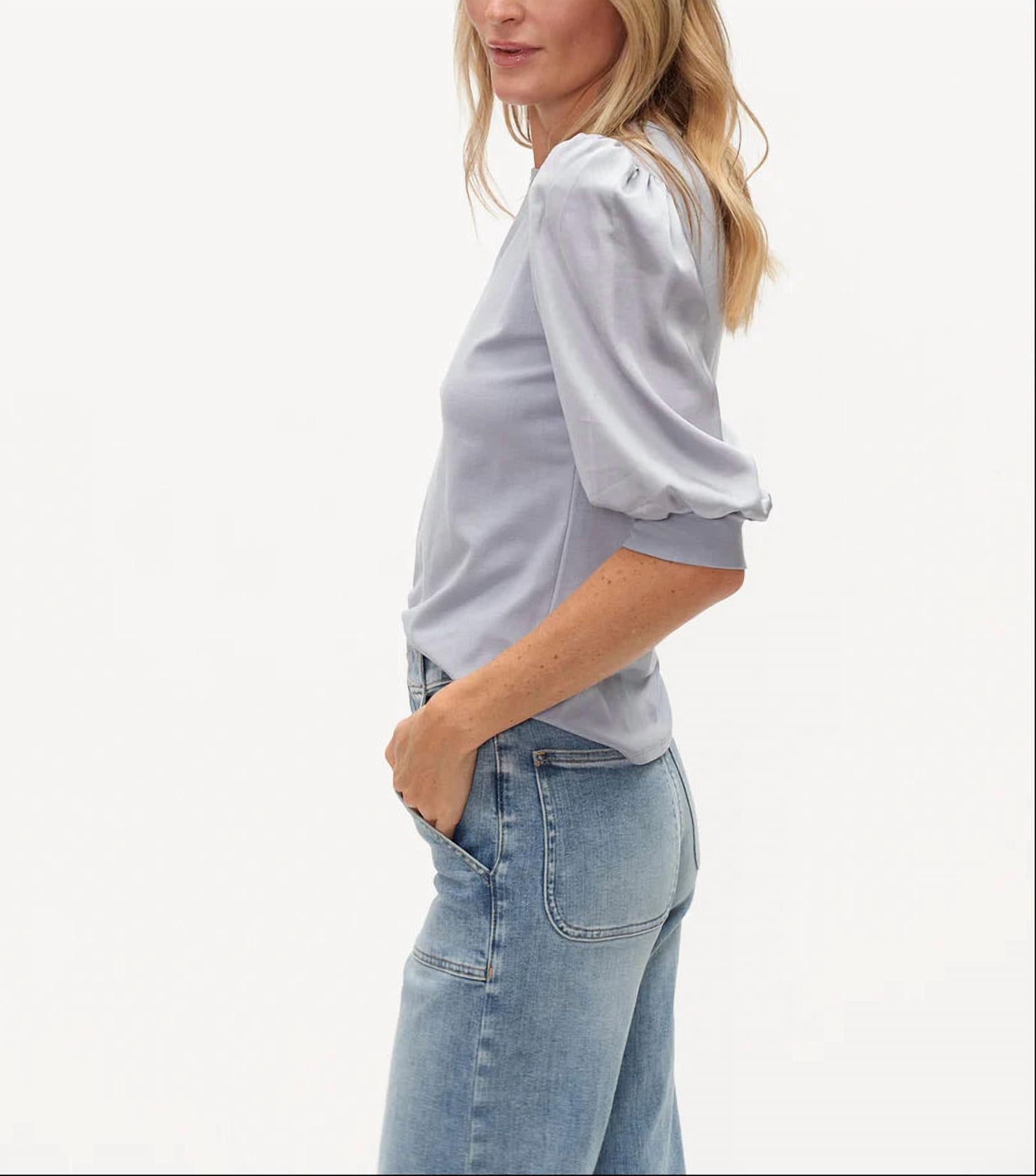 SIX/FIFTY Solara Mixed Media Satin Top in denim - women's blouse - alternate view