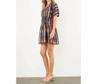THML Pleated Trim Puff Sleeve Tie Dye Dress in wine - women's dress - detail view