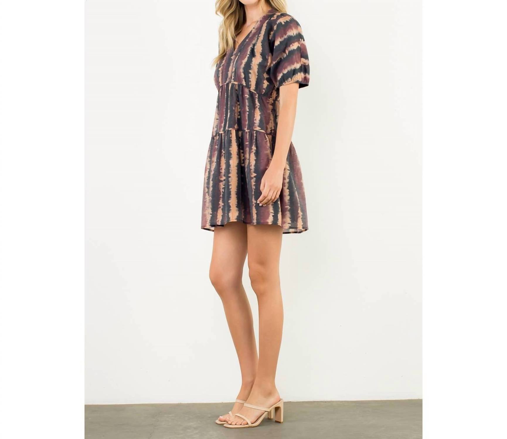 THML Pleated Trim Puff Sleeve Tie Dye Dress in wine - women's dress - detail view