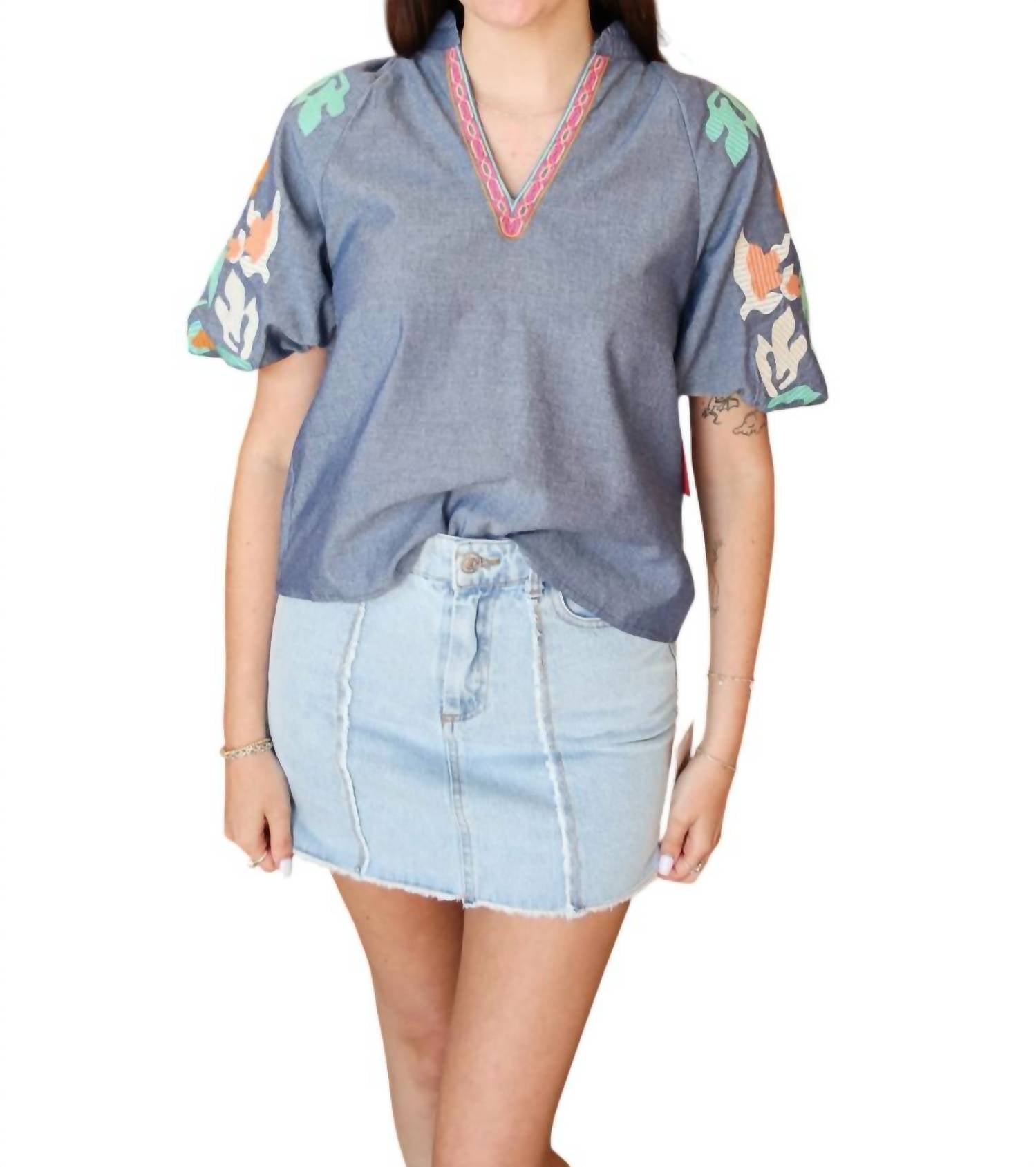 Thml - Embroidered V-neck Puff Sleeve Top