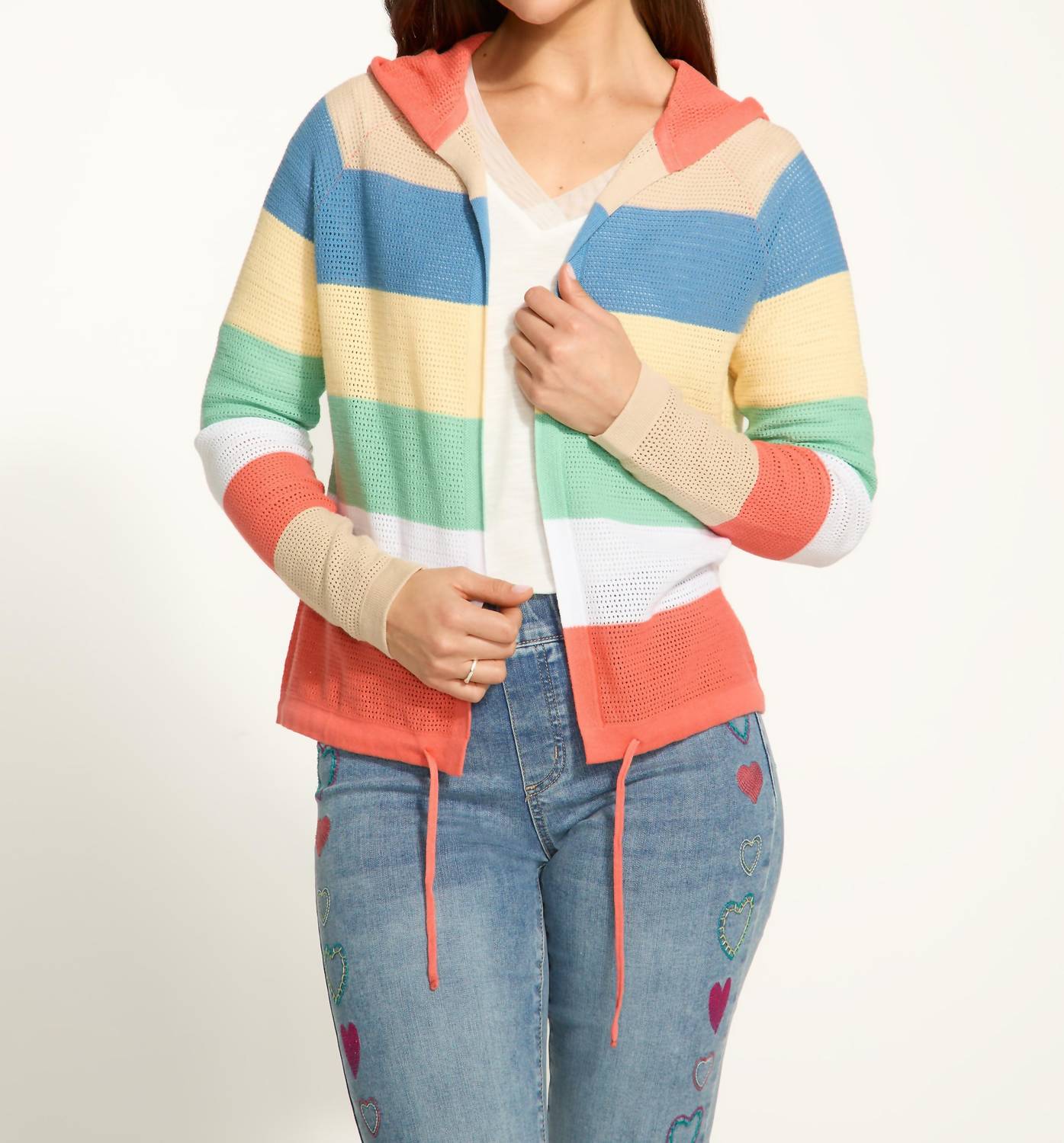 Fdj - Striped Pointelle Hooded Cardigan