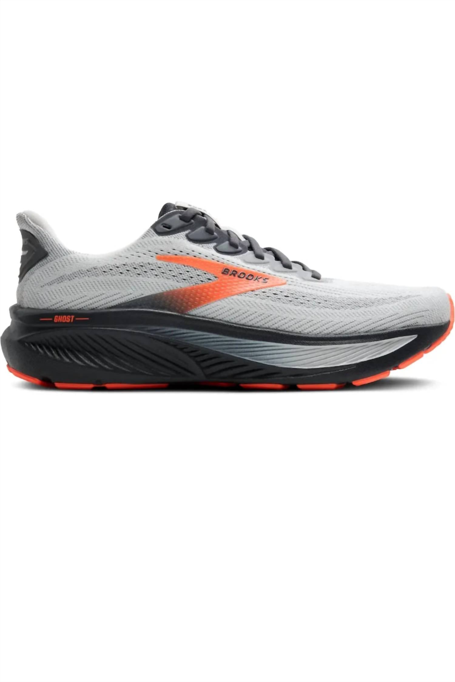 BROOKS Men's Ghost 17 Running Shoe in oyster mushroom orange ebony 1 - men's shoe - detail view