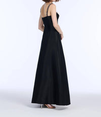 EMILY SHALANT Square Neck Bead Strap Duchess Twill Gown in black - women's dress - detail view