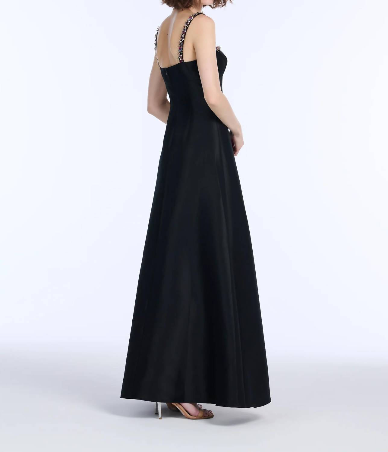 EMILY SHALANT Square Neck Bead Strap Duchess Twill Gown in black - women's dress - detail view