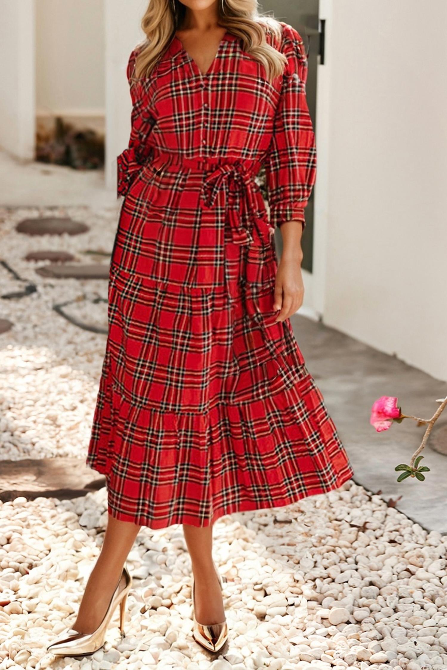 Little Daisy Closet - Plaid V Neck Tie Waist Ruffle Hem Midi Dress