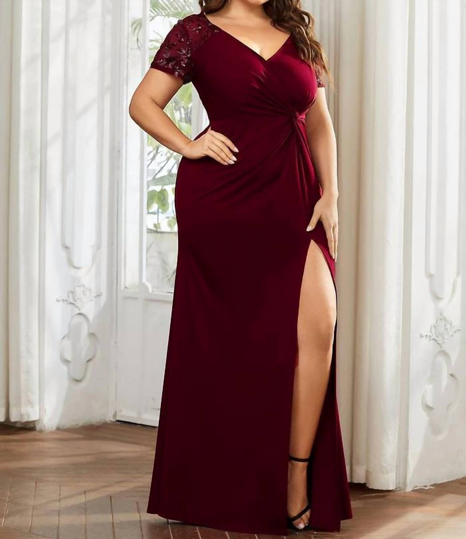 Ever-Pretty - Front Slit Short Sleeve With Sequin Mother Of The Bride Dress