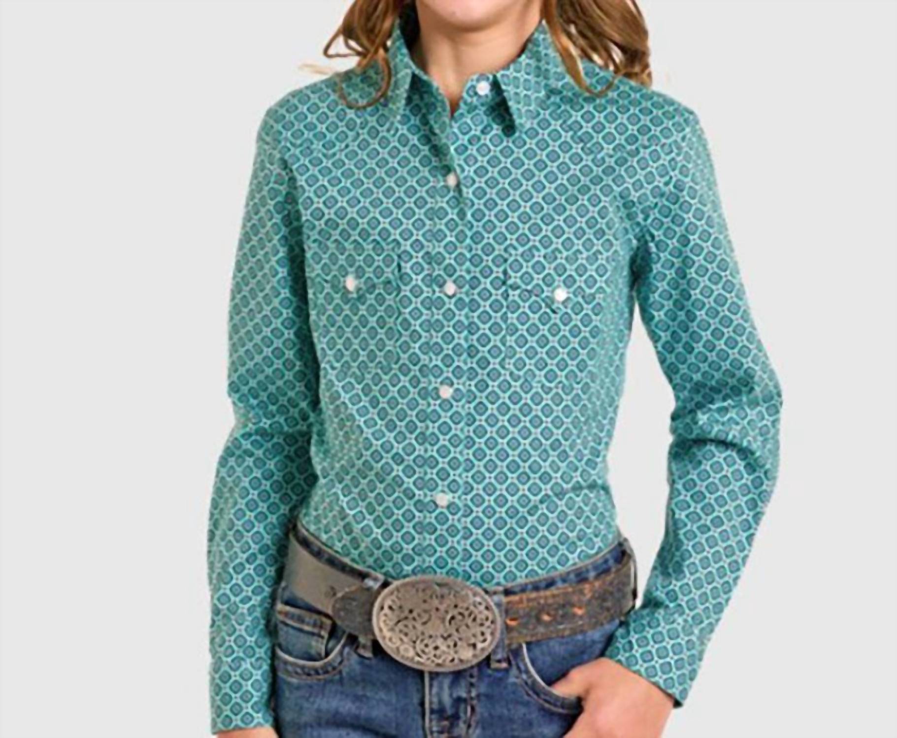 Panhandle Girl's Stretch Pearl Snap Shirt in turquoise - kids' long sleeve top