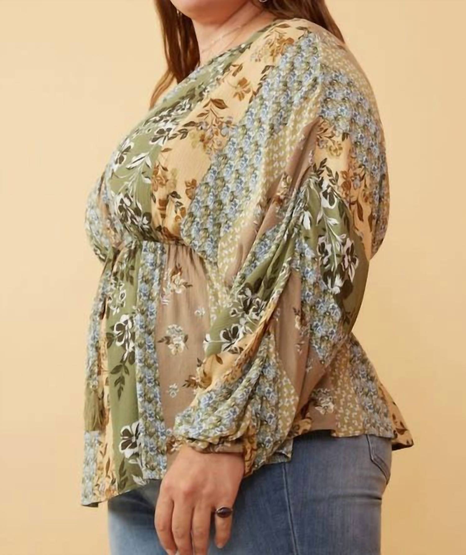 Hayden La - Mixed Print Block Dolman Peplum Top - Plus
