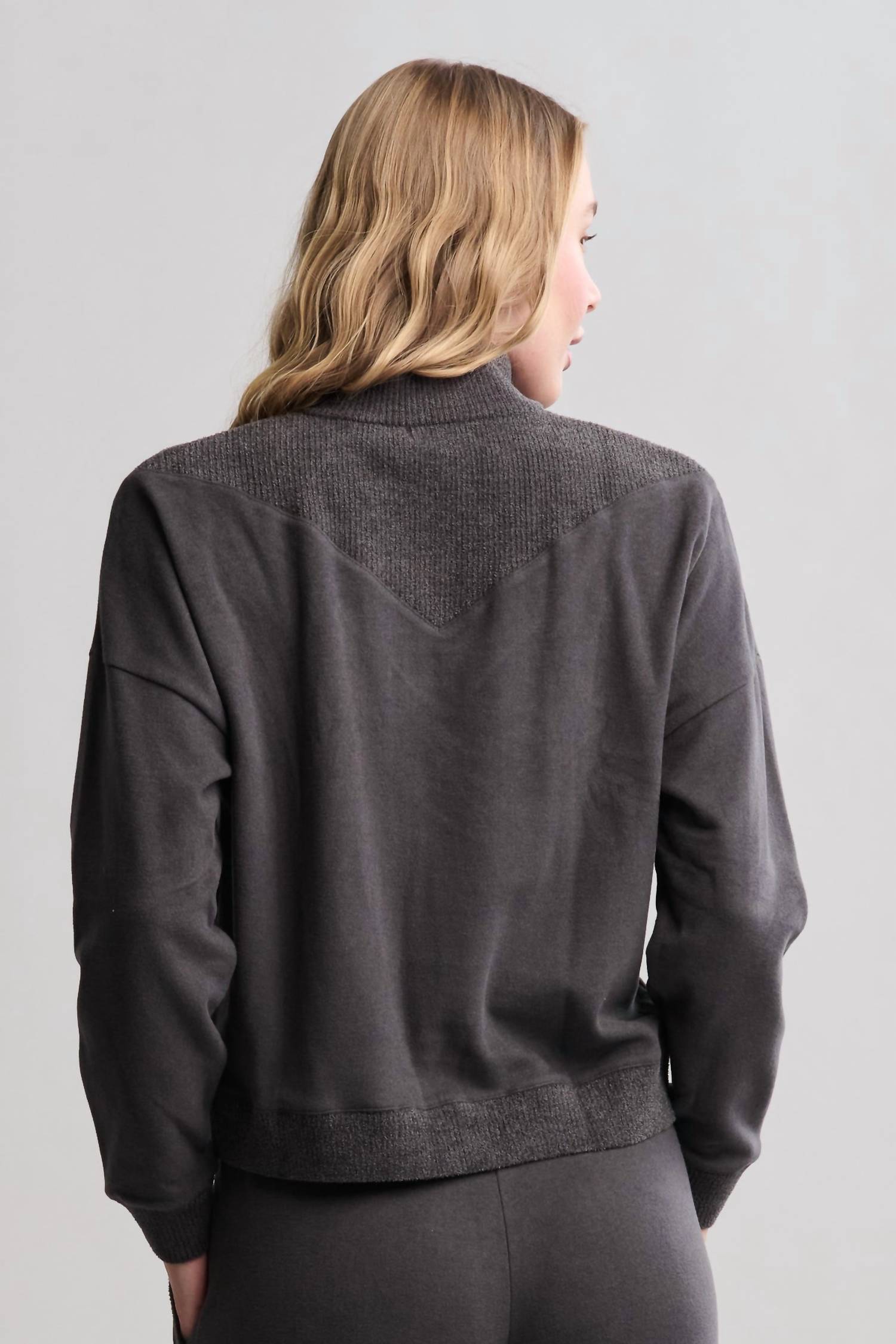BAREFOOT DREAMS Brushed Fleece With Cozychic Ultra Lite Rib Half Zip Pullover in carbon - women's top - alternate view