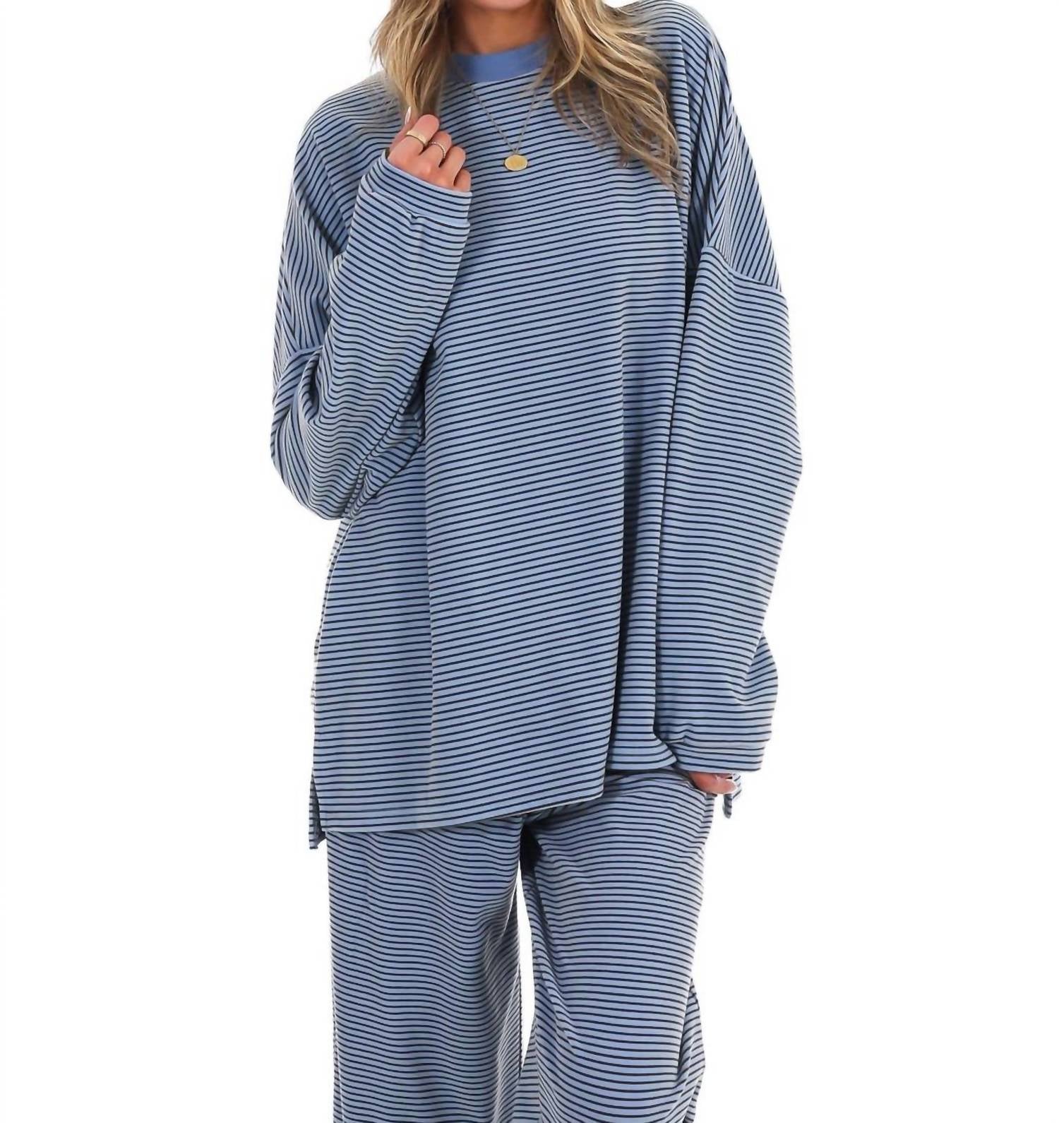 Things Between Homebody Stripe Fleece Top in blue - women's sweater - view 5