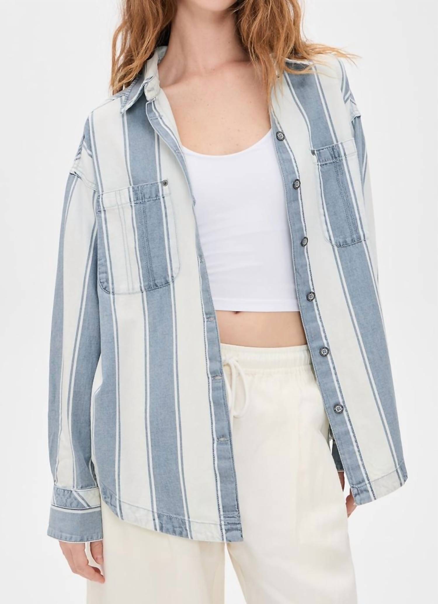 Free People Crossroads Stripe Button Down Shirt in indigo combo - women's shirt - detail view