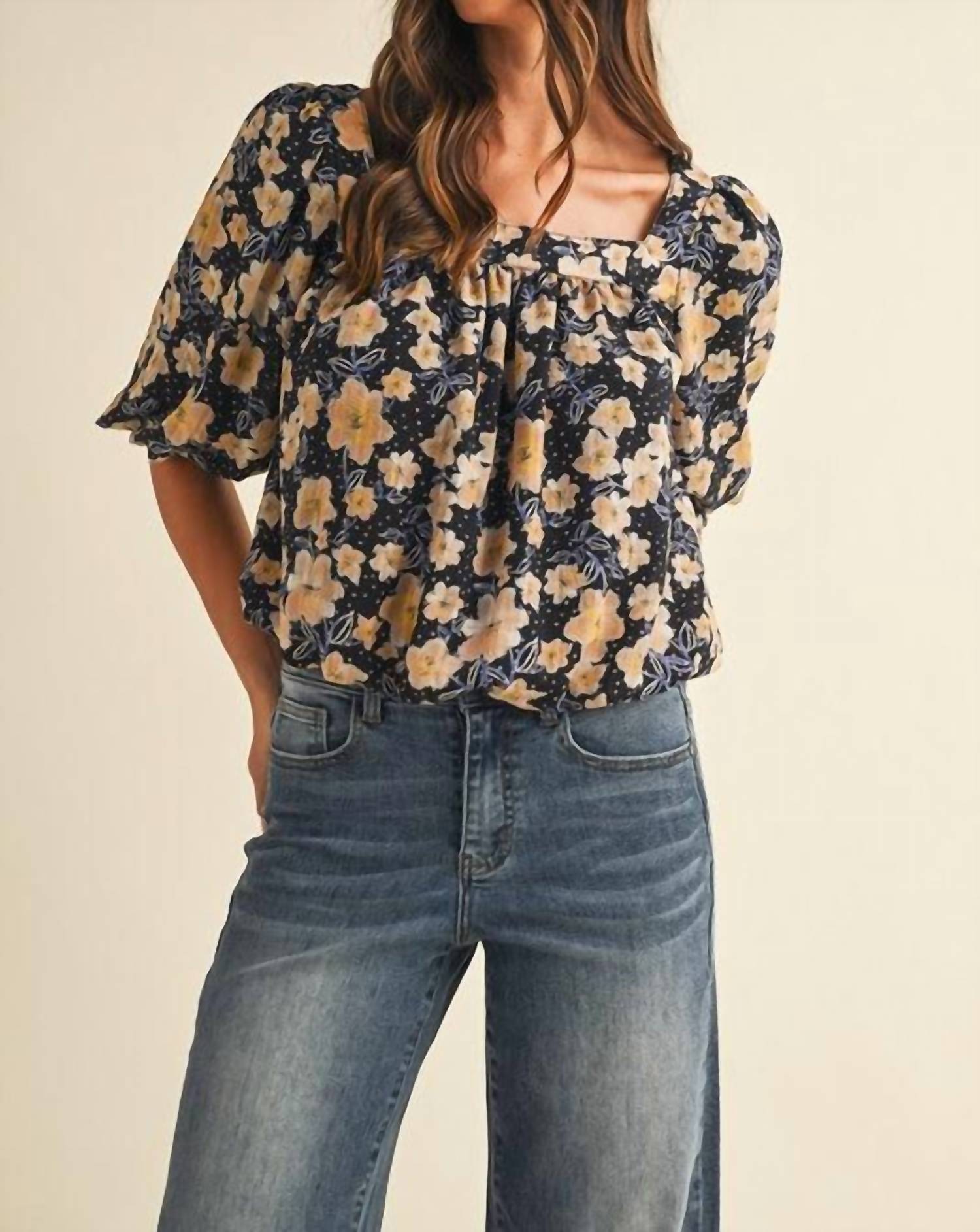 AnnieWear Flower Print Balloon Hem Square Neck Top in black - women's blouse