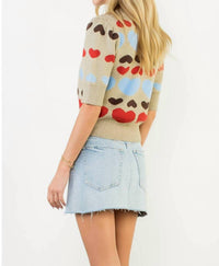 THML With All My Heart Short Sleeve Heart Knit Top in beige multi - women's sweater - view 5